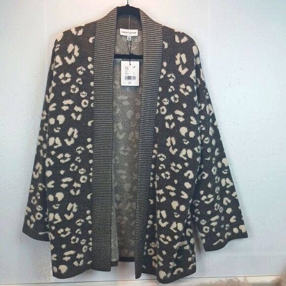 Gibson * Latimer Women' army green leopard print open front sweater/cardigan (S) - Picture 3 of 12